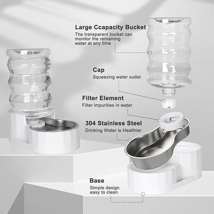 RIZZARI Automatic 7L Pet Waterer,Gravity Stainless Steel Water Dispenser, 100% BPA-Free, Large Capacity Water Feeder for Cats and Medium and Large-Sized Dogs (White,7L)