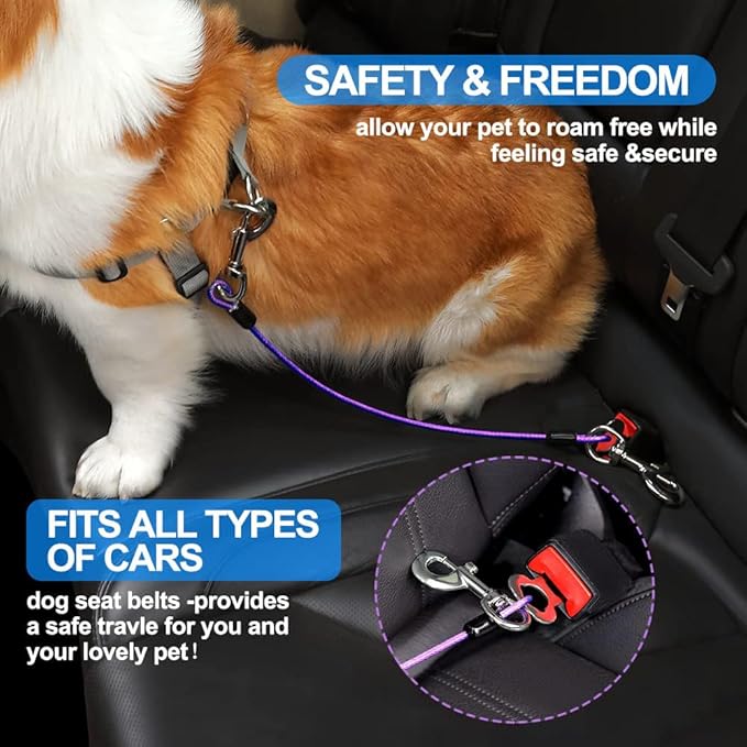 Dog Seat Belt Harness for Car,Dog Seatbelt of Coated Wire Leash Safety Restraint,No Chew Tether Cable Vehicle,Double Clips &amp; Latch(Purple, 32 inch/80 CM)