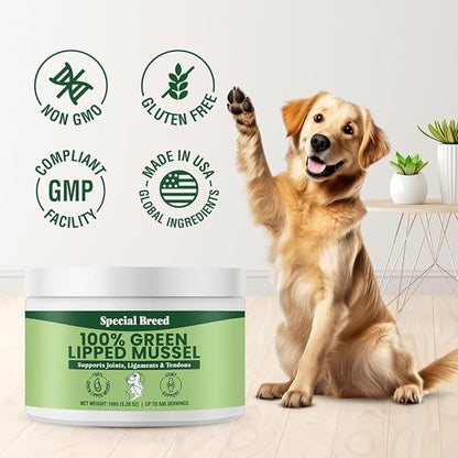 Green Lipped Mussel Powder for Dogs &amp; Cats - 100% New Zealand Green Lipped Mussels - Natural Hip &amp; Joint Supplement for Joints, Tendons, Ligaments, Muscles - 150 Grams - Up to 500 Servings