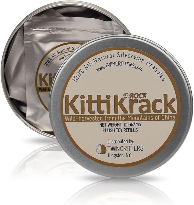 KittiKrack Rock Organic Silvervine Catnip Substitute for Cats &amp; Kittens | All-Natural Wild Harvested Silvervine Granules | 4 Refills for TWINCRITTERS Refillable Plush Cat Toys | 10g