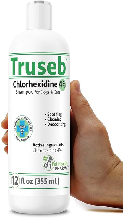 Truseb Topical Chlorhexidine 4% Shampoo for Dogs, Cats &amp; Horses (12 oz)- with Aloe for Cleansing (Chlorhexidine 4% Shampoo, 12 oz)