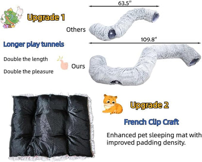 XxingSheep Extra Large Cat Tunnel Bed for Indoor Cats Peekaboo Cat Cave Donut with Center Mat