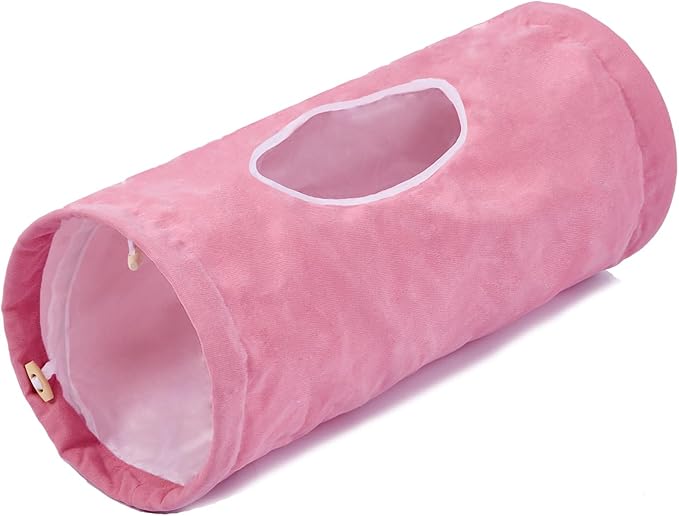 Cat Tunnel, Large Indoor Durable Collapsible Interactive Cat Tube with Peek-A-Boo Hole, Hanging Toys, and Crinkly Paper Lining - Cute Tunnel for Cats, Kittens, Puppies &amp; Rabbits, Pink