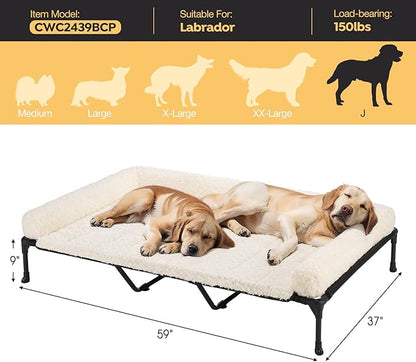 Veehoo Cooling Elevated Dog Bed Add Removable Deluxe Rose Plush Bolster Cushion Mat, 59" x 37" Washable Dog Couch Bed, Raised Pet Cot with Breathable Teslin Mesh, No-Slip Feet, White, CWC2439B