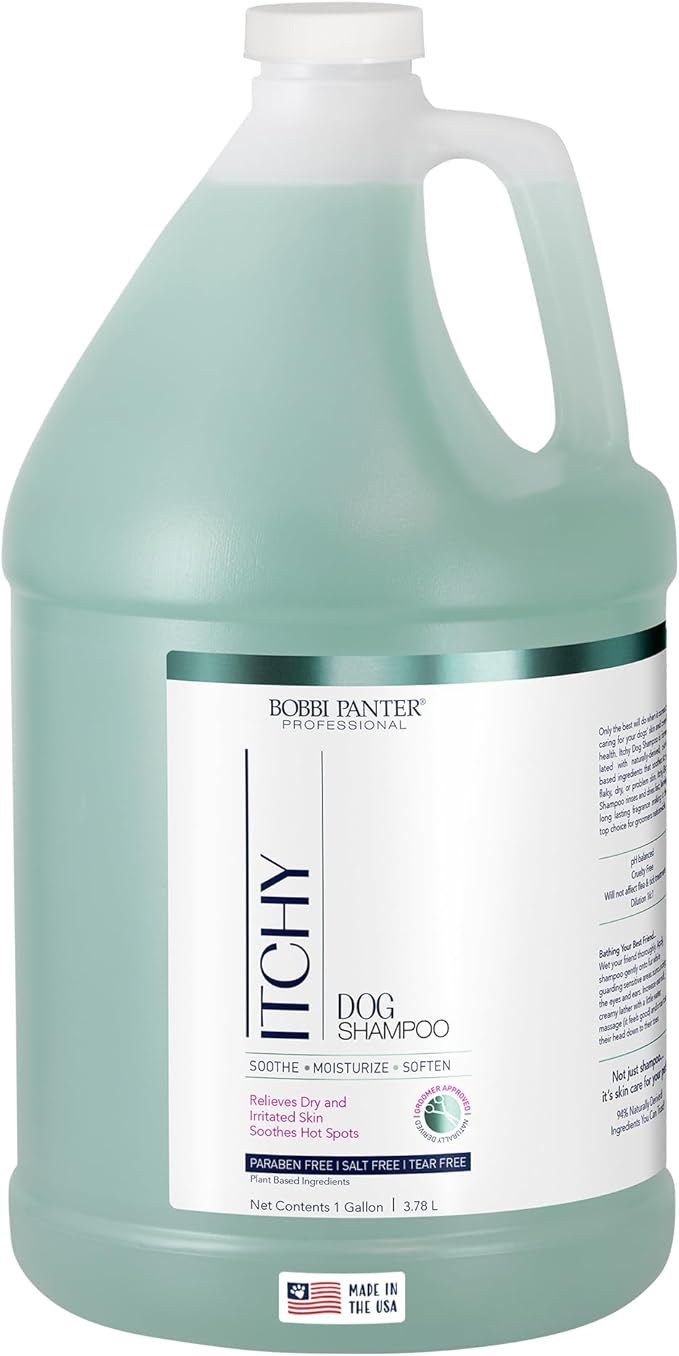Bobbi Panter Dog Shampoo - Made in USA - All Natural Formula for Itch Relief &amp; Soothing Skins, Concentrated 16:1 for Professional Groomers - Green Apple Scent, 1 Gallon