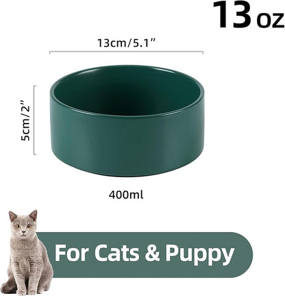 Ceramic 5.1inch Set of 2 Dog and Cat Bowls, Food and Water Feeder for Small Breed Dogs, Kitty, Cats, 2pcs Dog &amp; Cat Dishes(2 Bowls, Green)