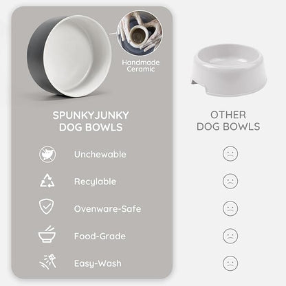 SPUNKYJUNKY Ceramic Dog and Cat Bowl Set with Wooden Stand, Modern Cute Weighted Food Water Set for Small Size Dogs (13.5OZ) &amp; Medium Sized Dogs (28.7OZ) &amp; Cats (3.6 Cups, 2 × White-Grey)