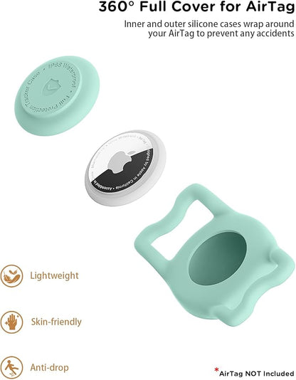 IP68 Waterpoof Dog Airtag Holder, Stretchy Silicone Full Body Covered Apple Air Tag Holder for Dog Cat Collar Fit All Width Collar (Green/Rose, 2 Pack)