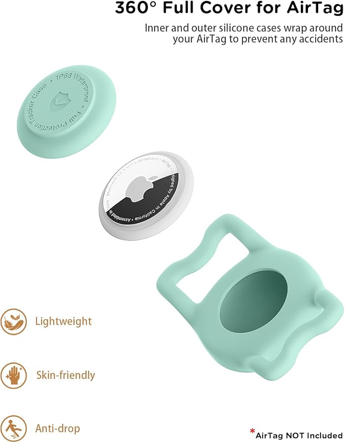 IP68 Waterpoof Dog Airtag Holder, Stretchy Silicone Full Body Covered Apple Air Tag Holder for Dog Cat Collar Fit All Width Collar (Green, 1 Pack)