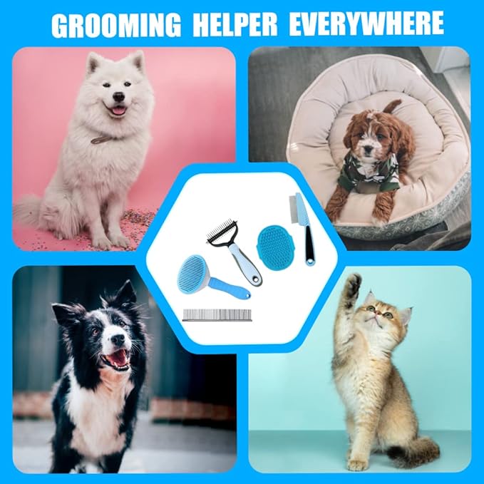 Dog Brush Grooming Kit 5PCS - Dog Brushes for Grooming, Dog Brush for Shedding,Puppy Brush and Flea Comb for Dogs, Slicker Brush Comb and Dog Hair Brush Set Blue