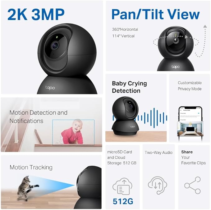 Tapo TP-Link 2K Pan/Tilt Indoor Security Camera for Baby Monitor, Pet Camera | Motion Detection &amp; Tracking | 2-Way Audio | Cloud &amp; SD Card Storage | Works w/Alexa &amp; Google Home | Black C211