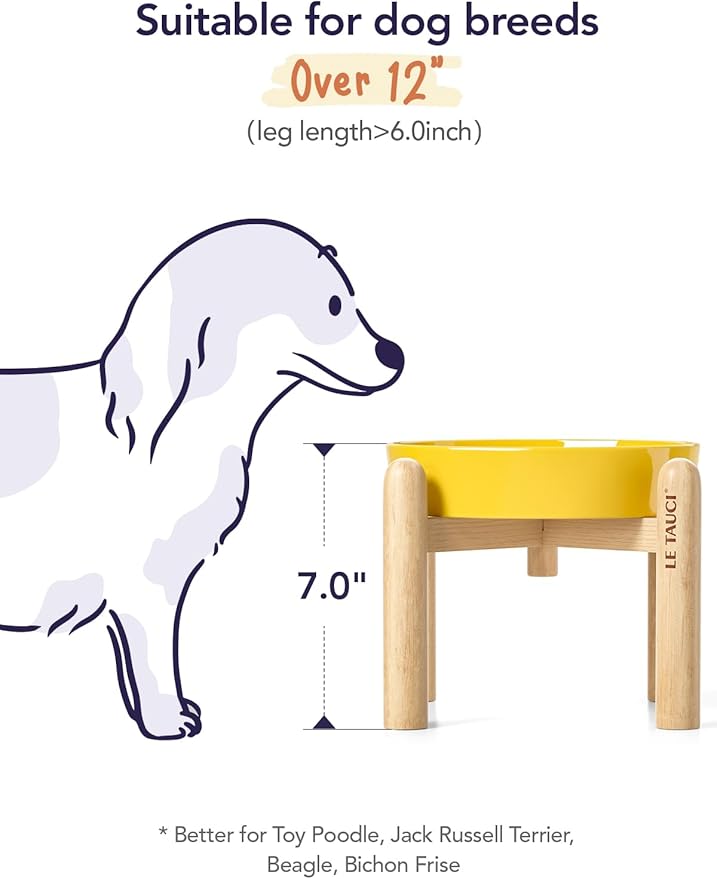 LE TAUCI Ceramic Slow Feeder Puzzle Bowl Elevated 1.5 Cup with Wooden Stand for Small &amp; Medium Dog, Fast Eater Food Bowl, Star Yellow