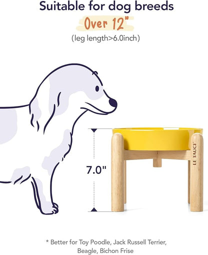 LE TAUCI Ceramic Slow Feeder Puzzle Bowl Elevated 1.5 Cup with Wooden Stand for Small &amp; Medium Dog, Fast Eater Food Bowl, Star Yellow