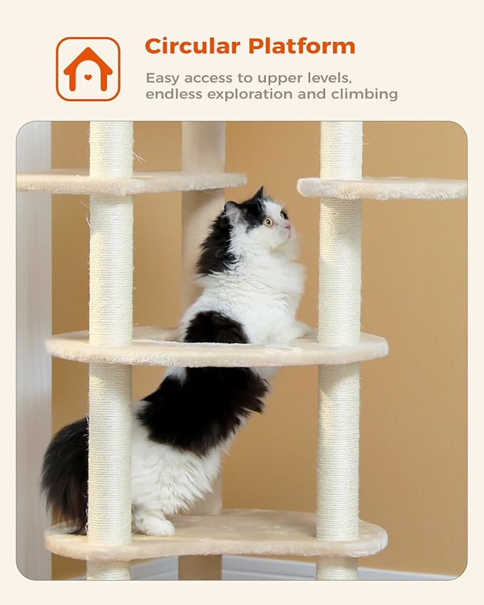 PETEPELA 61" Cat Tree for Indoor Cats, [6-Levels] Cat Climbing Tower with 9 Sisal Scratching Posts and Replaceable Dangling Ball &amp;Top Perch, Beige