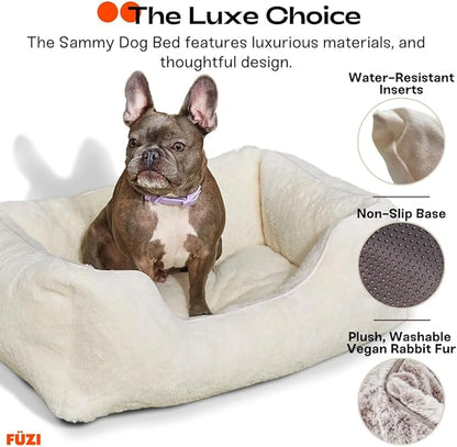 FUZI Luxury Aesthetic Dog Bed with Extra Cover for Medium Dogs, Washable Pet Couch, Pet Bed with Sides, Non-Slip Bottom, Soft &amp; Durable Calming Bed, Faux Rabbit Fur, Medium 31.75x23.6x9.5 Light Brown