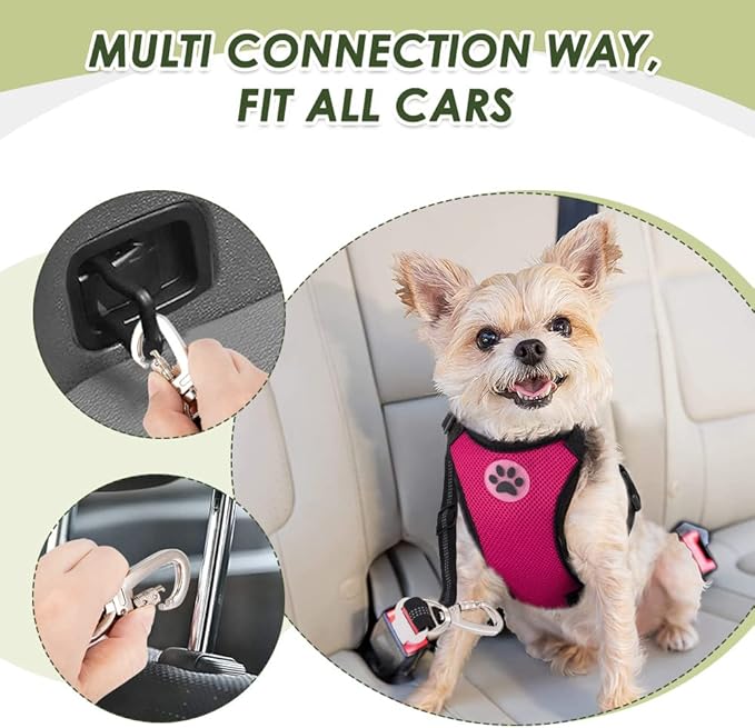 SlowTon Dog Seat Belt Harness for Car, Dog Car Harness Adjustable Mesh Breathable &amp; Dog Seatbelt Safety Tether with Elastic Bungee for Small Medium Large Pets(Fuchsia, Double Clip, L)