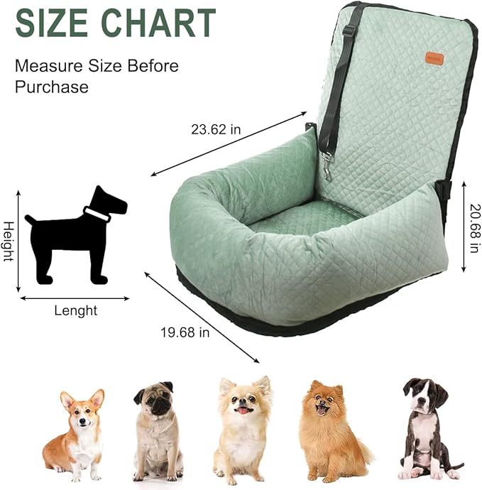 Dog Car Seat for Small Medium Dogs Up to 40lbs, Detachable Washable Soft Pet Booster Travel Bed for Front &amp; Green Seat with Safety Leash Belt