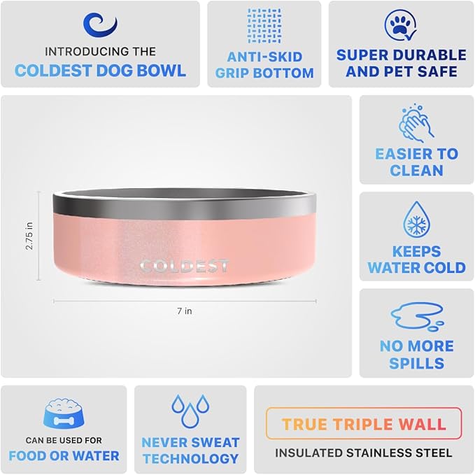 Coldest Dog Bowl - Anti Rust Metal, Non Slip, 3 Layers Insulated Stainless Steel Dog Bowls - Spill Proof &amp; Heavy Duty - Water Bowl for Dogs, Cats &amp; Pets, Dish Washer Safe (42 oz, Forever Pink Glitter)