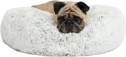 Best Pet Supplies Round Donut Dog Bed with Plush Faux Fur Fabric, Calming, Anti-Anxiety Cushion for Indoor Pets, Slip-Resistant Base, Soft Ergonomic Support - Light Warm Gray, 30x30x8&