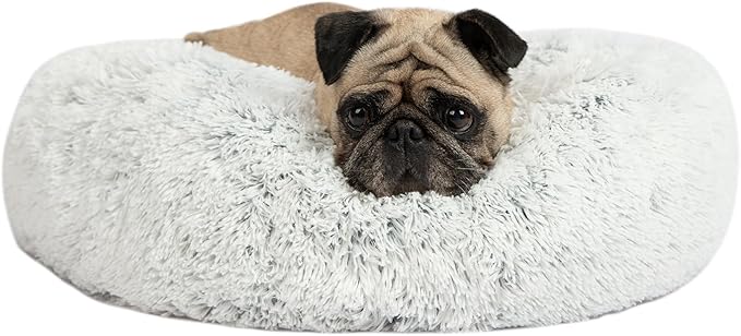 Best Pet Supplies Round Donut Dog Bed with Plush Faux Fur Fabric, Calming, Anti-Anxiety Cushion for Indoor Pets, Slip-Resistant Base, Soft Ergonomic Support - Light Warm Gray, 24x24x7&