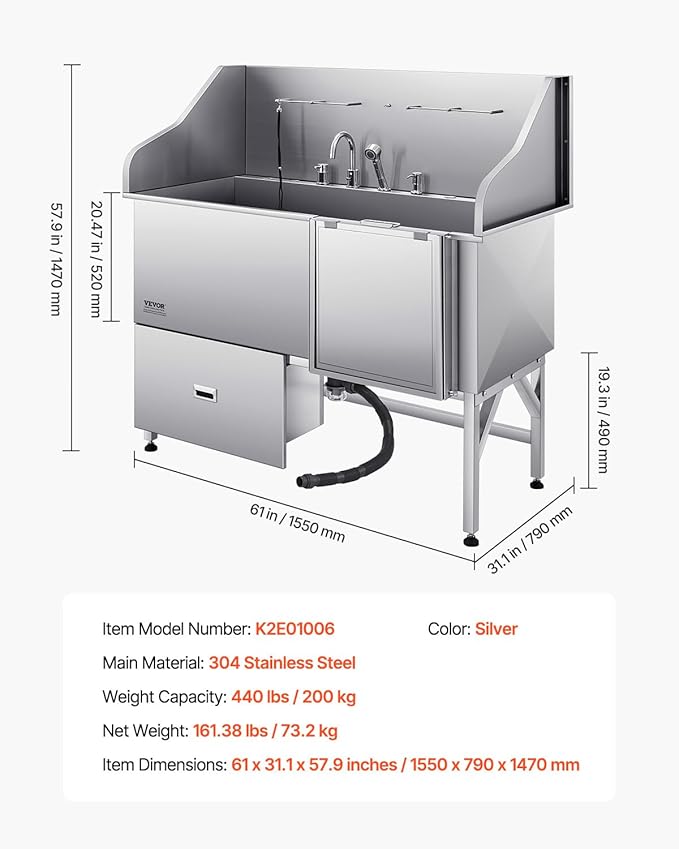 VEVOR Professional 304 Stainless Steel Dog Bathing Station, 61 inch Pet Grooming Tub w/Anti-Slip ramp, Storage Drawer, Cold Hot Faucet Showerhead for Large &amp; Medium &amp; Small (Right Door, with Drawer)