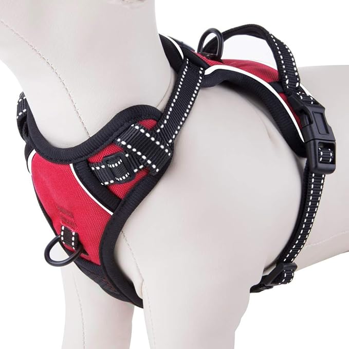 PHOEPET No Pull Dog Harnesses for Small Dogs Reflective Adjustable Front Clip Vest with Handle 2 Metal Rings 2 Buckles [Easy to Put on &amp; Take Off](S, Red)