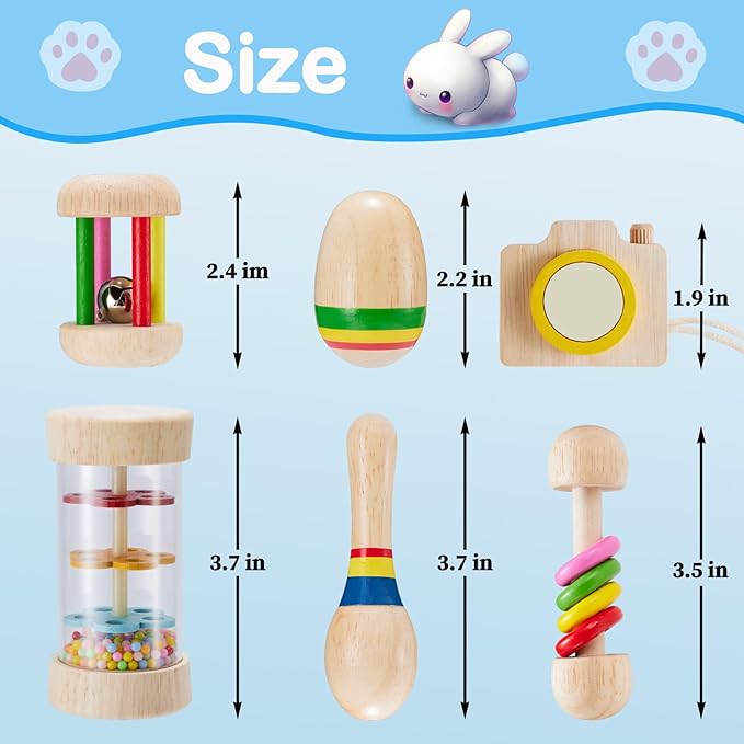 6 Pcs Wooden Bunny Toys - Safe Rabbit &amp; Guinea Pigs Teeth Grinding Toys for Chinchillas, Hamsters &amp; Small Animals - Indoor &amp; Outdoor