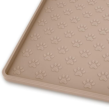 Ptlom Silicone Dog Food Mat Waterproof Pet Feeding Mat with High-Lips, Anti-Slip Dog Bowl Mat for Food &amp; Water, Non-Spill Puppy Feeding Tray for Small, Medium &amp; Large Dogs and Cats, Taupe