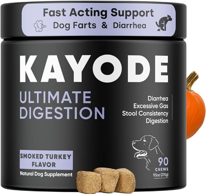 Kayode Ultimate Digestion. Fast Facting Anti Diarrhea for Dogs. Dog Fart Remedy &amp; Dog Gas Relief. Natural Nutrients for Healthier, Firmer Stools. Pumpkin &amp; Digestive Enzymes for Dogs.