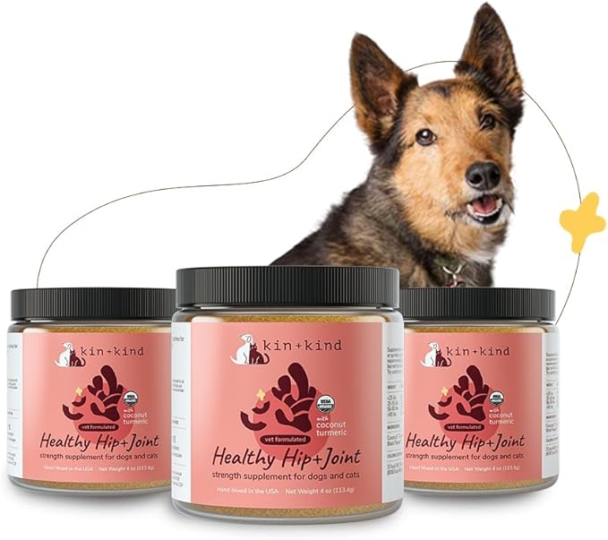 kin+kind Hip+Joint Supplement Dogs &amp; Cats - Vet Formulated Natural Formula with Organic Turmeric, Black Pepper and Coconut- Made in USA - Bundle (3 x 4 oz)