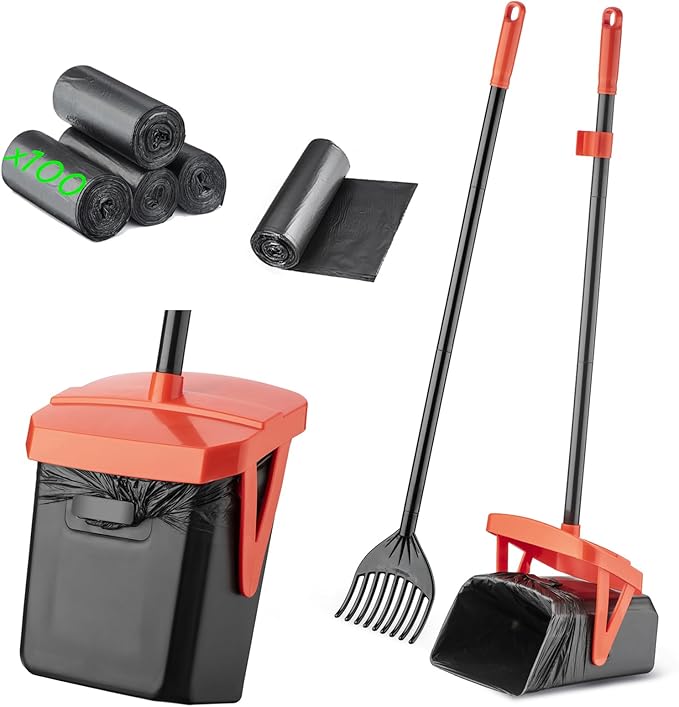 TIMINGILA 36" Pooper Scooper Swivel Bin &amp; Rake with 100 Dog Poop Bags,Adjustable Long Handle for No-Bend Cleanup,Portable Non-Breakable Dog Poop Scooper for Large Medium Small Dogs