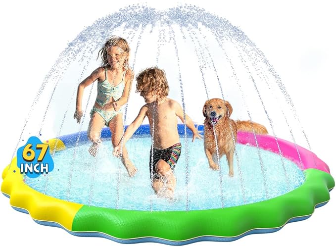 VISTOP Non-Slip Splash Pad for Kids and Dog, Thicken Sprinkler Pool Summer Outdoor Water Toys - Fun Backyard Fountain Play Mat for Baby Girls Boys Children or Pet Dog (67 inch, Red&amp;Yellow&amp;Green&amp;Blue)