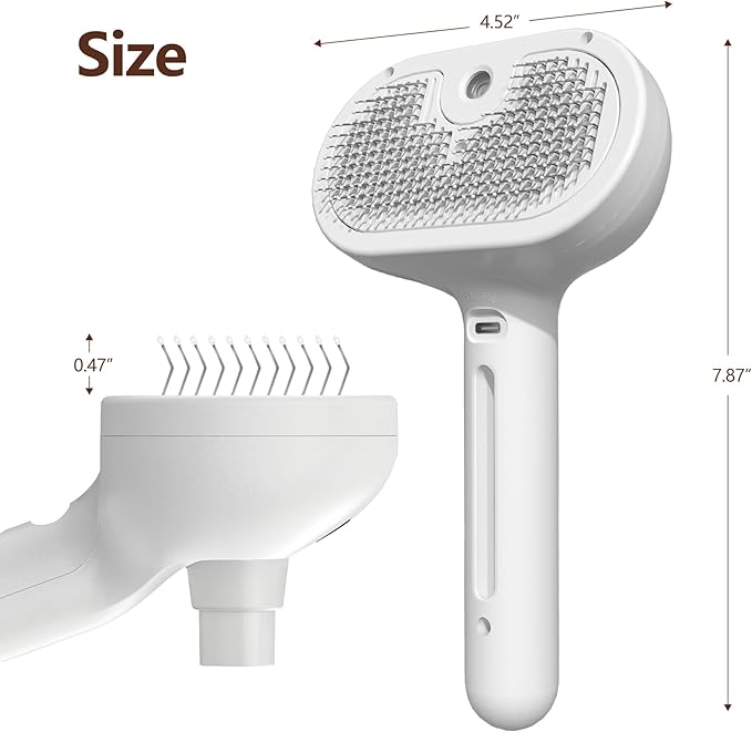 L&amp;W BROS. Steam Grooming Brush for Shedding and Detangling – Self-Cleaning Steamy Pet Brush with Mist Spray for Long-Haired Cats and Small Dogs (White)