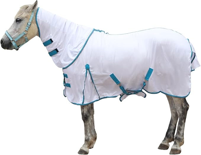 Horse Fly Sheet with Detachable Neck Cover &amp; Belly Wrap, Adjustable Fly Sheet for Horses, Ventilated Airflow Mesh Equine Cooling Summer Flysheet White 84