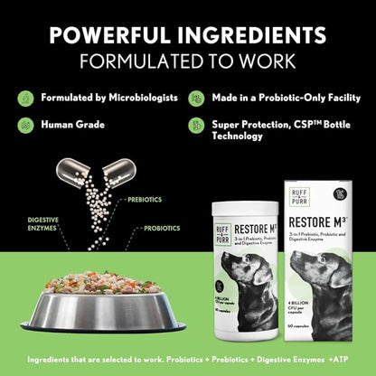 Ruff &amp; Purr Probiotics for Dogs – 3-in-1 Probiotics, Prebiotics and Digestive Enzymes for Gut Health, Immune Support, Healthy Skin and Coat – Clinically Studied DE111 &amp; PreforPro
