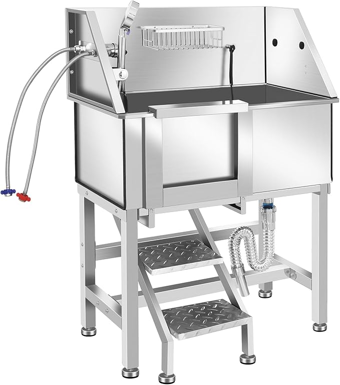 Professional Stainless Steel Dog Bathing Station, Dog Grooming Tub, with Stairs, Floor Grate &amp; Faucet for Dog Bathtub for Large, Medium &amp; Small Pets,34" L-RAMP