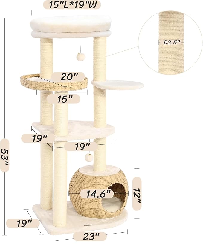 KAMABOKO Modern Cat Tree, 53" Cat Tower for Indoor Cats Natural Sisal Scratching Posts, Hand-Woven Condo &amp; Top Perch, Cat Tree Tower for Kittens Climb Play &amp; Rest