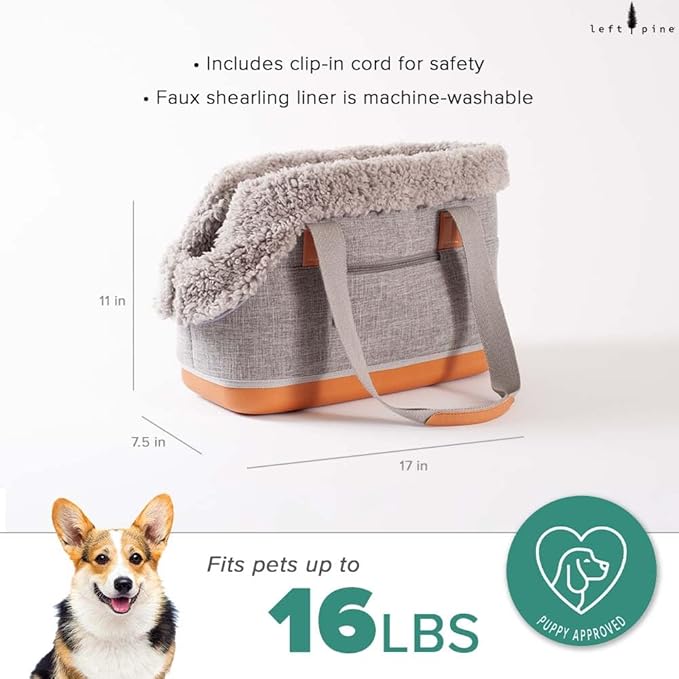 LeftPine x P.L.A.Y. Deluxe Dog Carrier Purse - Soft Sided Pet Travel Tote for Small Dogs &amp; Puppies up to 16 Pounds - Built-in Safety Leash, Machine Washable, Removable Liner, Zipper Pocket (Gray)