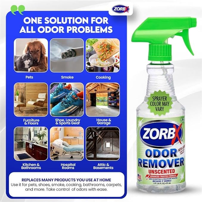 ZORBX Unscented Odor Eliminator for Strong Odor 16 Fl Oz - Used in Hospitals &amp; Healthcare Facilities - Advanced Trusted Formula, Fast-Acting Odor Remover Spray for Dog, Cat, House &amp; Carpet