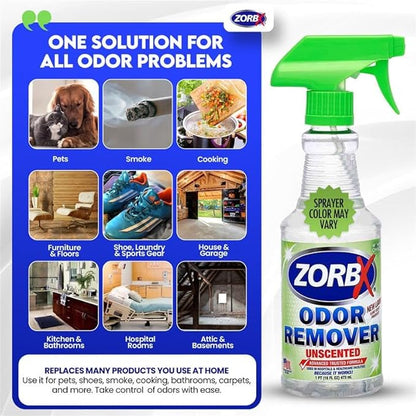 ZORBX Unscented Odor Eliminator for Strong Odor 16 Fl Oz - Used in Hospitals &amp; Healthcare Facilities - Advanced Trusted Formula, Fast-Acting Odor Remover Spray for Dog, Cat, House &amp; Carpet