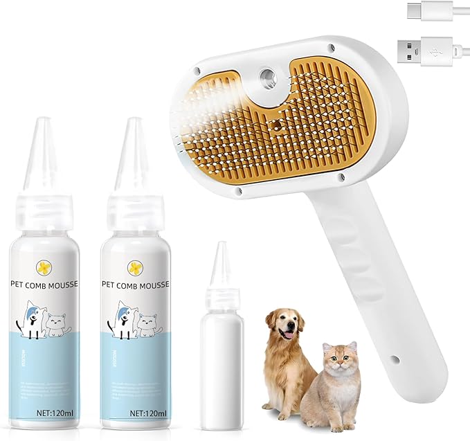 Pet Steam Brush for Dog &amp; Cat – 3-in-1 Spray Hair Removal Comb – Steam for Shedding &amp; Grooming – Water Brush for Long &amp; Short Haired Pets – Spritz Defur Comb – Includes 2*Waterless Shampoo