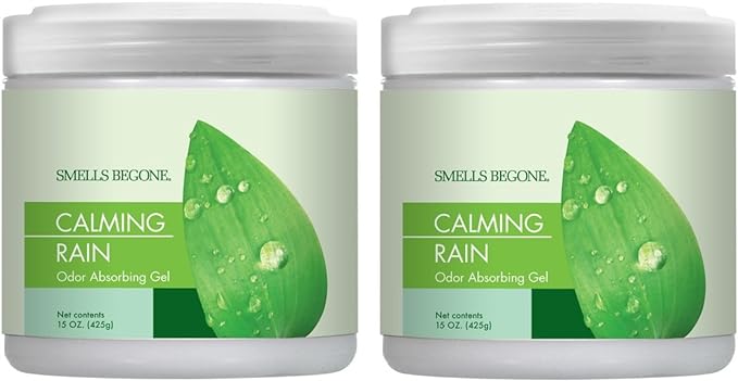 SMELLS BEGONE Air Freshener Odor Absorber Gel - 15 oz, Pack of 2 - Absorbs and Eliminates Odor in Pet Areas, Bathrooms, Cars, &amp; Boats - Made with Essential Oils - Calming Rain Scent