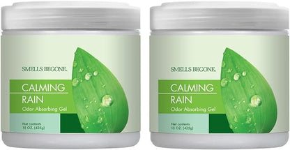 SMELLS BEGONE Air Freshener Odor Absorber Gel - 15 oz, Pack of 2 - Absorbs and Eliminates Odor in Pet Areas, Bathrooms, Cars, &amp; Boats - Made with Essential Oils - Calming Rain Scent