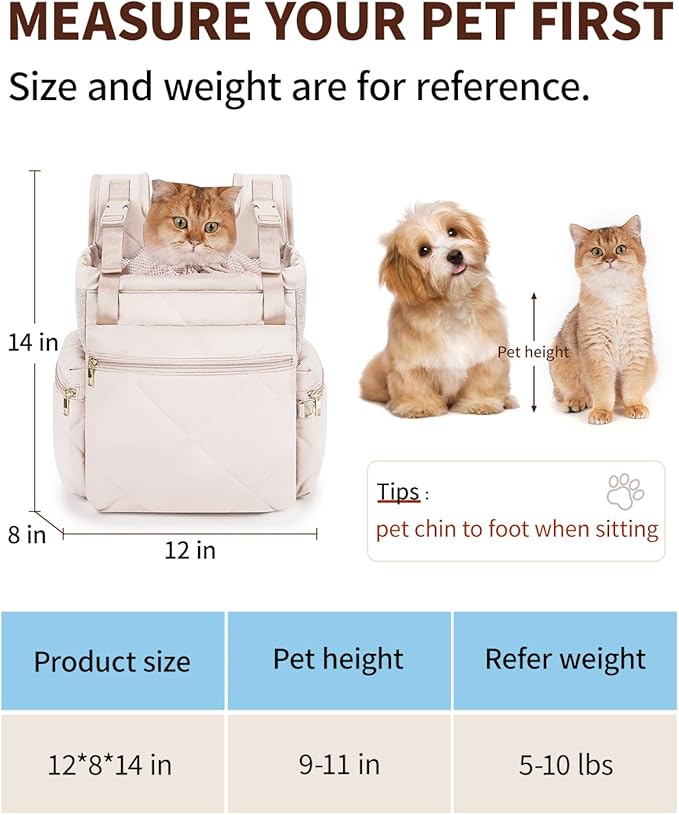 OFY Cat Carrier Puffy Backpack Breathable Small Dog Front Backpack Large Space for Small Dogs, Drawstring &amp; Water-Resisant Pet Bag for Travel Hiking, Beige Gray Patent Pending