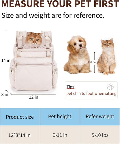 OFY Cat Carrier Puffy Backpack Breathable Small Dog Front Backpack Large Space for Small Dogs, Drawstring &amp; Water-Resisant Pet Bag for Travel Hiking, Beige Gray Patent Pending
