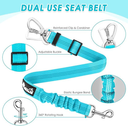 Lukovee Dog Seat Belt for Car, Adjustable Dog Car Harness for Large Medium Small Dogs, Soft Padded &amp; Breathable Mesh Dog Seatbelt with Car Strap and Carabiner(Light Blue Double Clip,Medium)