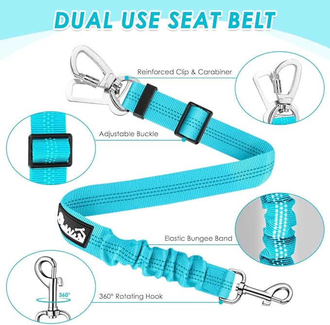 Lukovee Dog Seat Belt for Car, Adjustable Dog Car Harness for Large Medium Small Dogs, Soft Padded &amp; Breathable Mesh Dog Seatbelt with Car Strap and Carabiner(Light Blue Double Clip,Small)