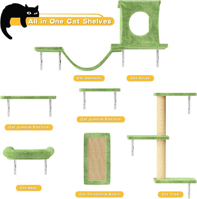 NUNU LAB Wall Mounted Cat Furniture, 6 Pcs Cat Wall Shelves with Condo House, Bridge, Steps, Scratcher, Hammock, Indoor Safe &amp; Stable Furniture for Kittens Play, Green