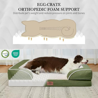 Comfort Expression Orthopedic Bolster Dog Beds Extra Large, XL Dog Beds Waterproof Dogs Beds, Washable Dogs Beds Sofa with Removable Cover &amp; Non-Slip Bottom(X-Large,Light Green)