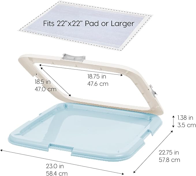 IRIS USA Pee Pad Holder - For Potty Training Regular Sized Dog &amp; Puppy Pee Pads, Secured Latches, Non-Skid Feet, Leak Protection, Fits 22"x22" Pad or Larger, Square, Blue